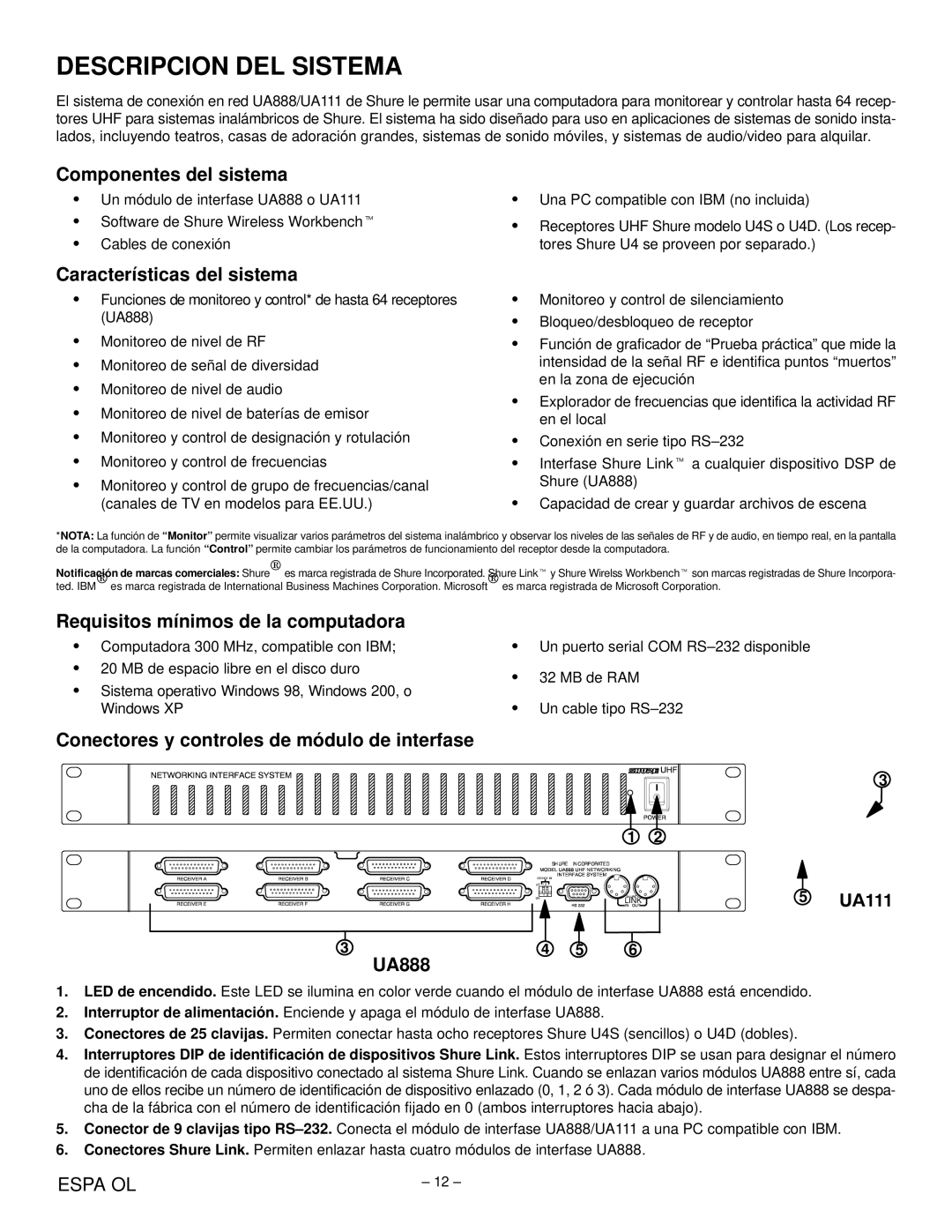 Shure UA888, UA111 manual Descripcion DEL Sistema, Componentes del sistema, Características del sistema 