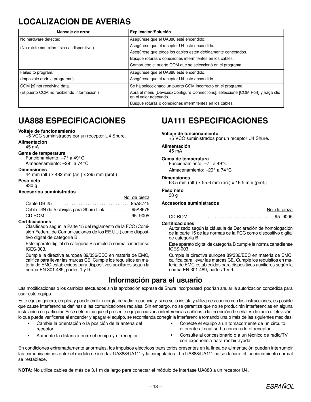 Shure manual Localizacion DE Averias, UA888 Especificaciones, UA111 Especificaciones, Información para el usuario 