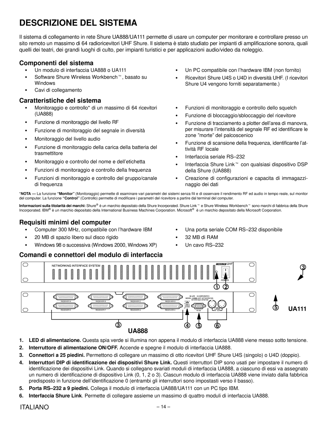 Shure UA888 Descrizione DEL Sistema, Componenti del sistema, Caratteristiche del sistema, Requisiti minimi del computer 