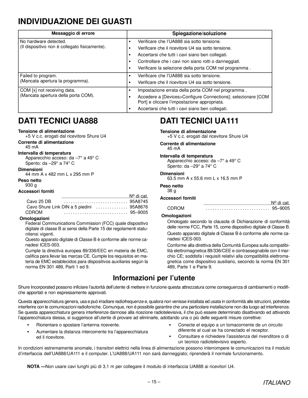 Shure manual Individuazione DEI Guasti, Dati Tecnici UA888, Dati Tecnici UA111, Informazioni per l’utente 