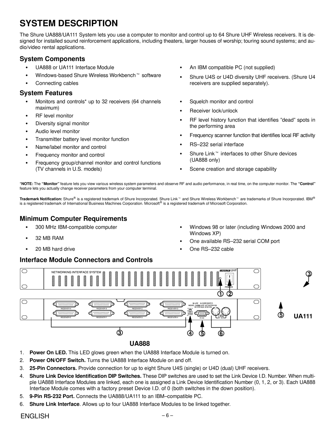 Shure UA888, UA111 manual System Description, System Components, System Features, Minimum Computer Requirements 