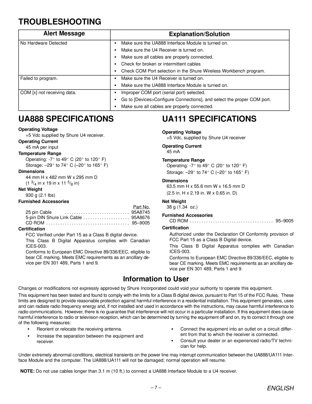 Shure manual Troubleshooting, UA888 Specifications, UA111 Specifications, Information to User 