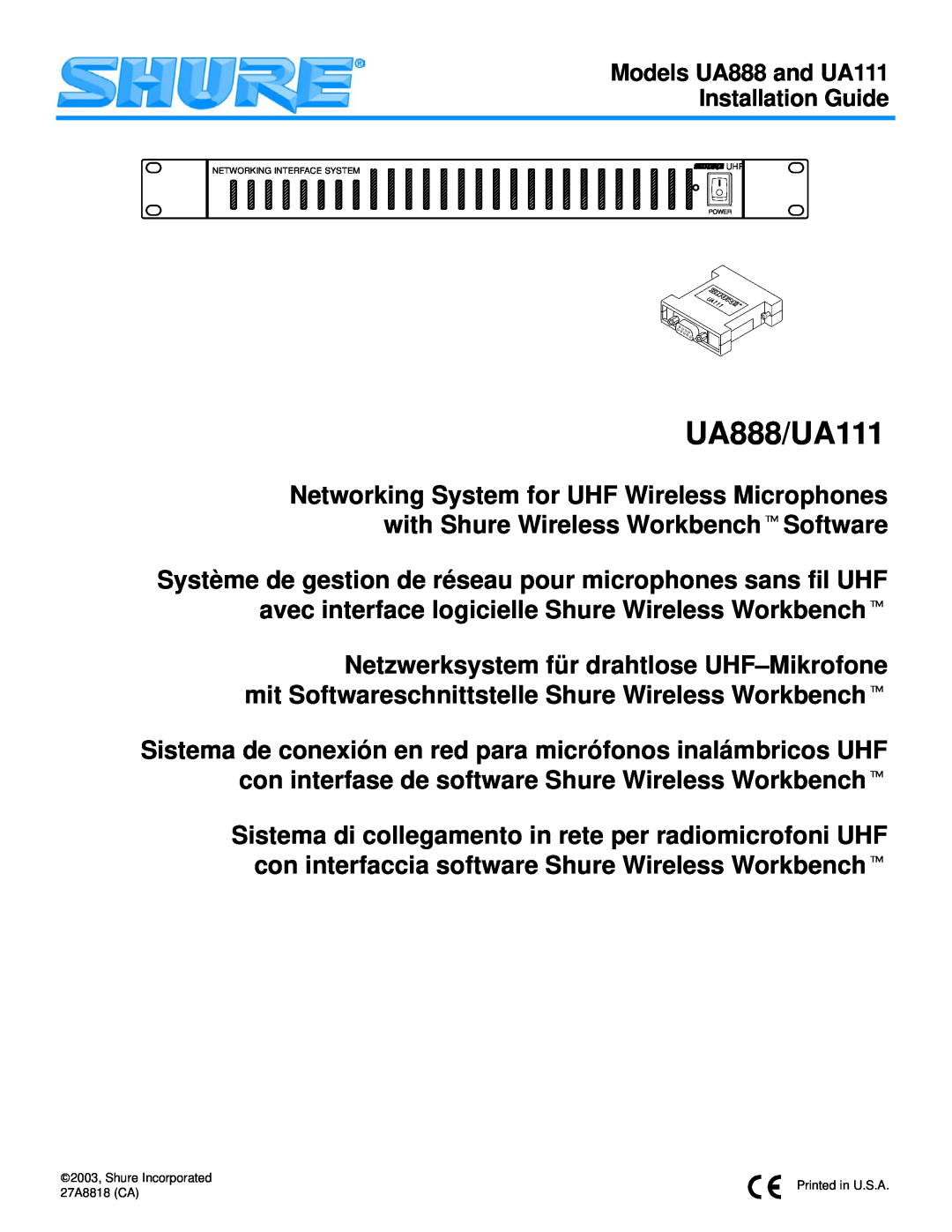 Shure manual UA888/UA111, Models UA888 and UA111 Installation Guide 