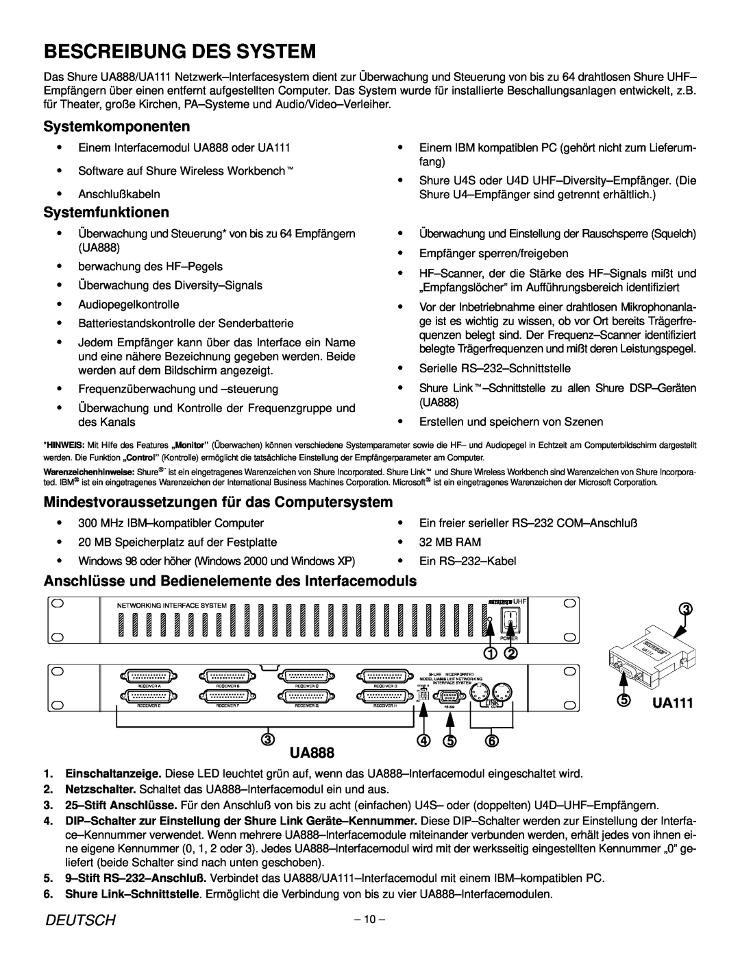 Shure UA888, UA111 manual Systemkomponenten, Systemfunktionen, Mindestvoraussetzungen für das Computersystem, Deutsch 