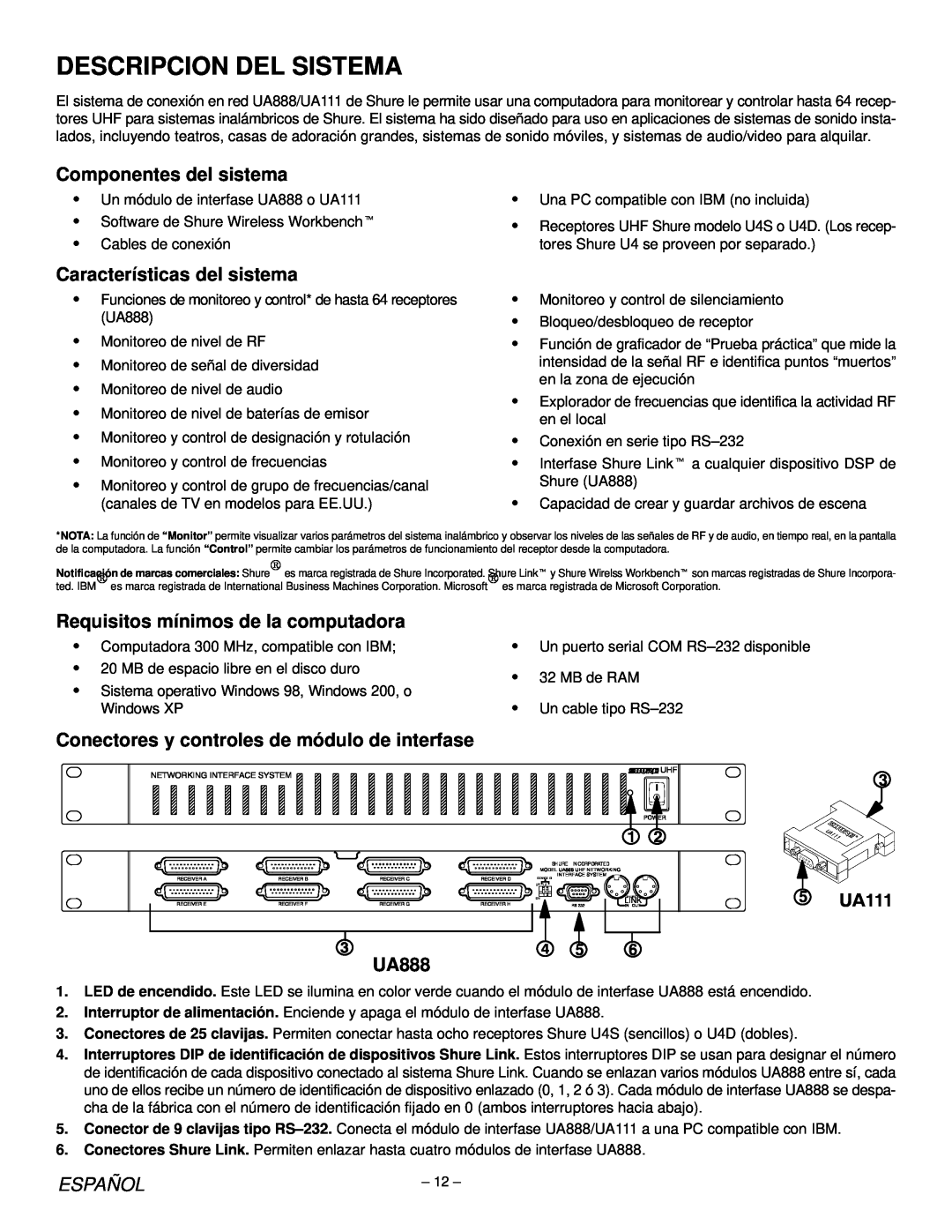 Shure UA888, UA111 Componentes del sistema, Características del sistema, Requisitos mínimos de la computadora, Español 