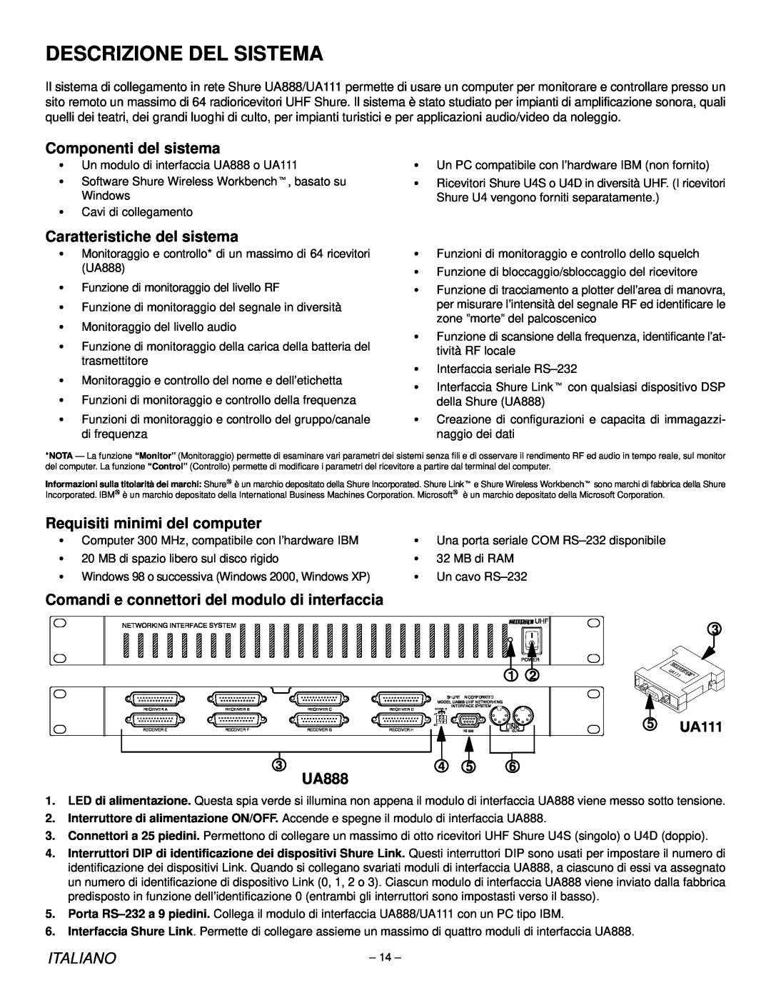 Shure UA888, UA111 manual Componenti del sistema, Caratteristiche del sistema, Requisiti minimi del computer, Italiano 