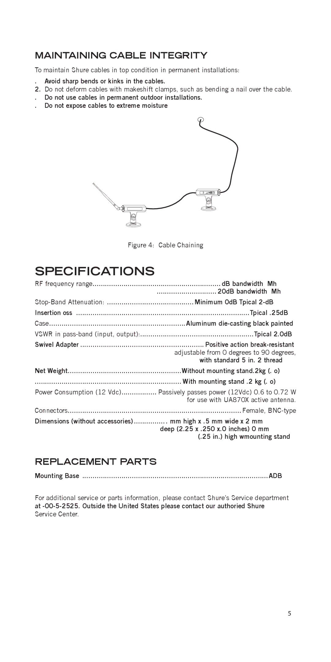 Shure UAPF-X1 manual Specifications, Maintaining cable integrity, Replacement Parts 