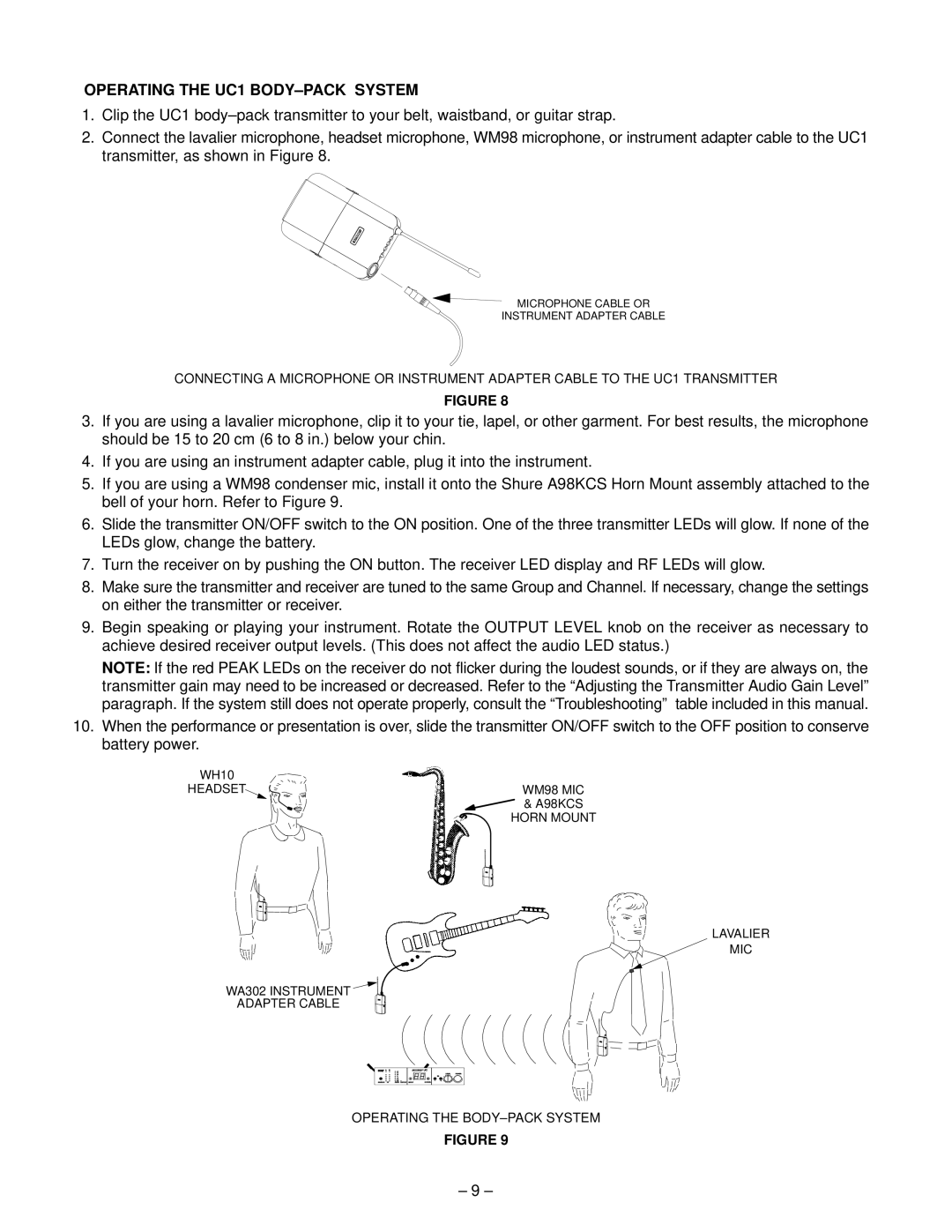 Shure UC Wireless System, 27B8614 manual Operating the UC1 BODY±PACK System 