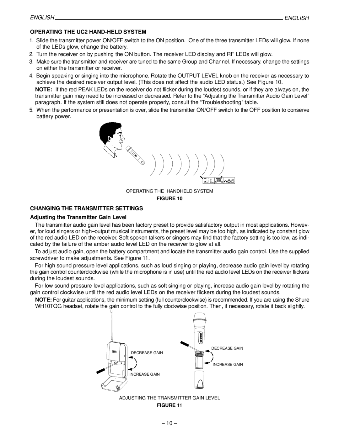 Shure 27B8614 Operating the UC2 HAND-HELD System, Changing the Transmitter Settings, Adjusting the Transmitter Gain Level 