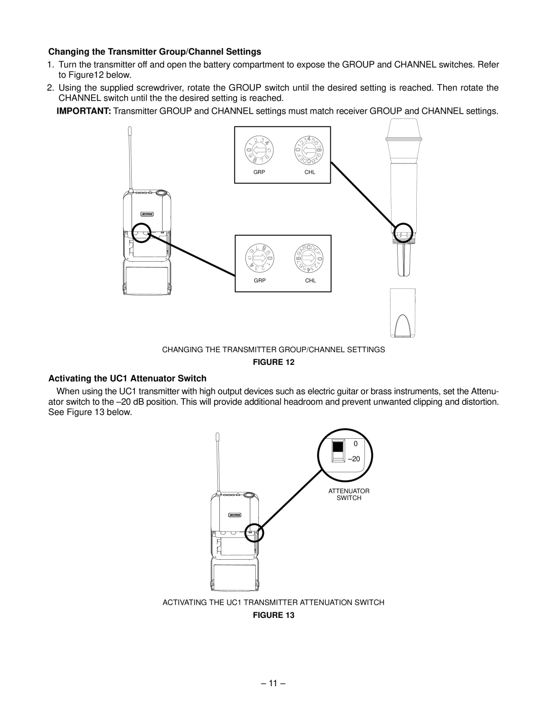 Shure UC Wireless System, 27B8614 Changing the Transmitter Group/Channel Settings, Activating the UC1 Attenuator Switch 