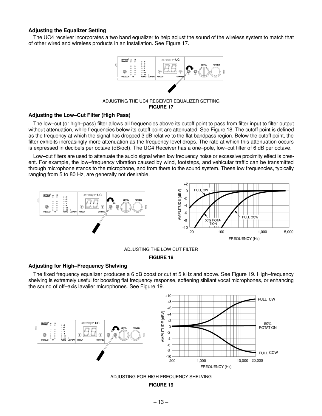 Shure UC Wireless System, 27B8614 manual Adjusting the Equalizer Setting, Adjusting the Low±Cut Filter High Pass 