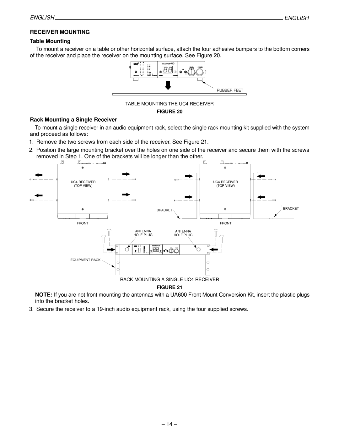 Shure 27B8614, UC Wireless System manual Receiver Mounting, Table Mounting, Rack Mounting a Single Receiver 