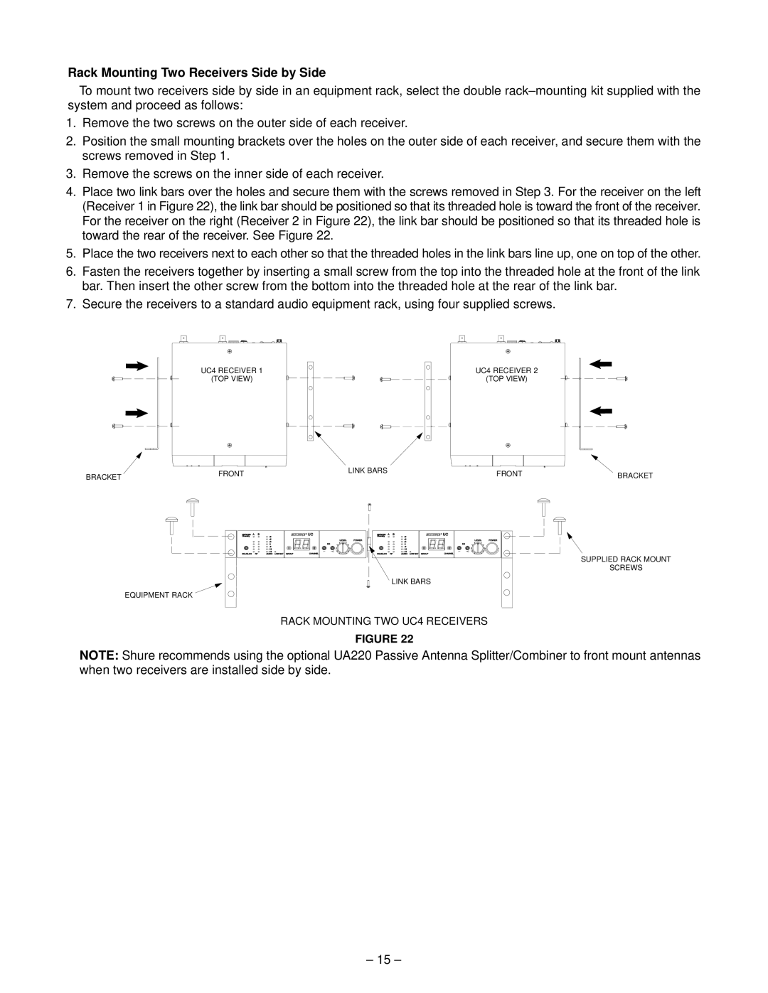 Shure UC Wireless System, 27B8614 manual Rack Mounting Two Receivers Side by Side 
