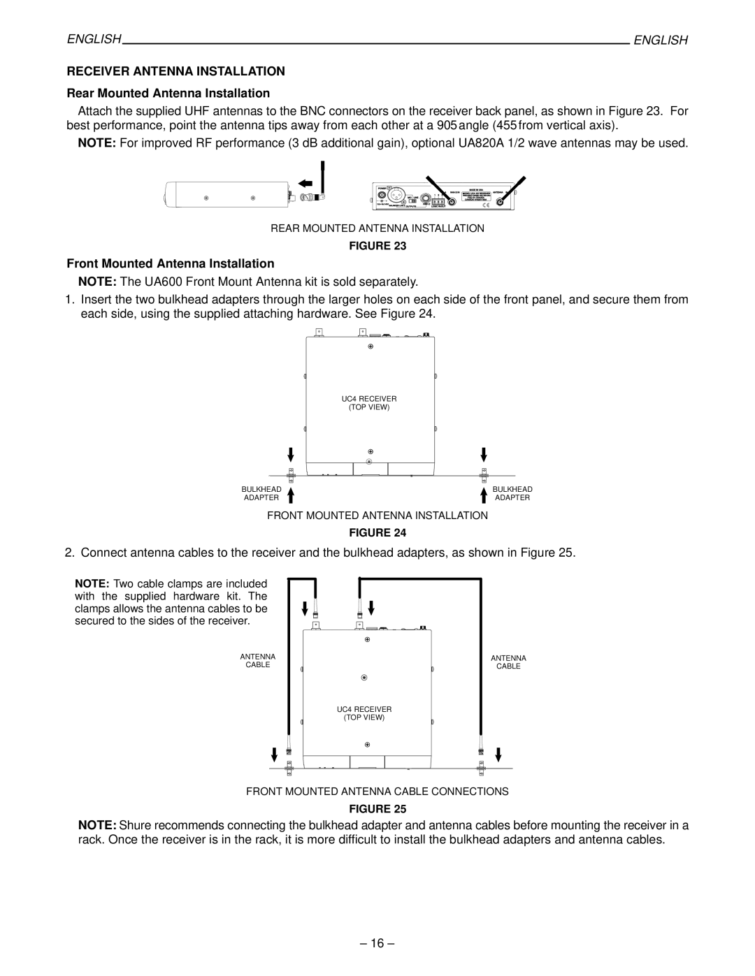 Shure 27B8614 manual Receiver Antenna Installation, Rear Mounted Antenna Installation, Front Mounted Antenna Installation 