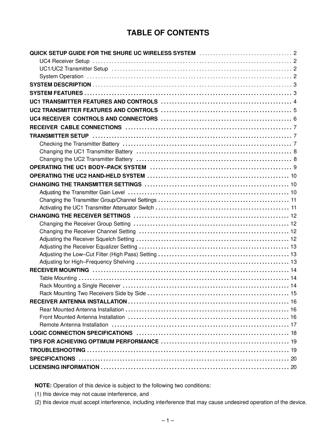 Shure UC Wireless System, 27B8614 manual Table of Contents 