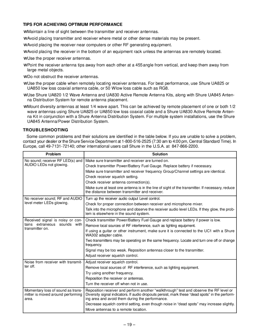 Shure UC Wireless System, 27B8614 manual Tips for Achieving Optimum Performance, Troubleshooting 