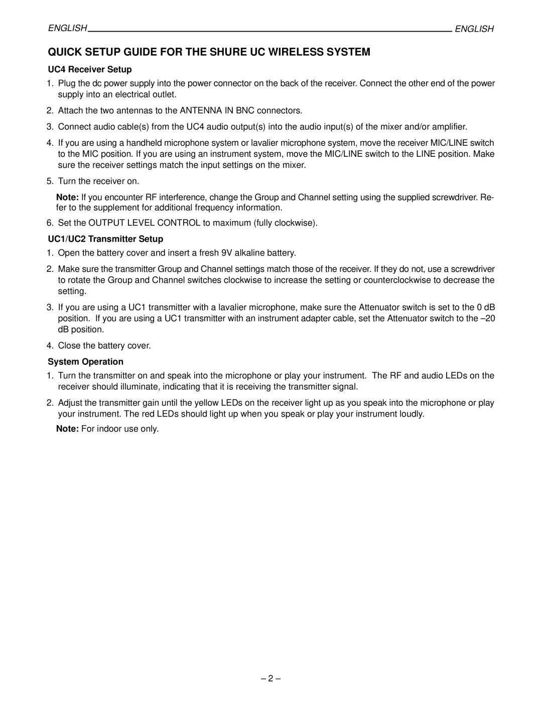 Shure 27B8614, UC Wireless System manual UC4 Receiver Setup, UC1/UC2 Transmitter Setup, System Operation 