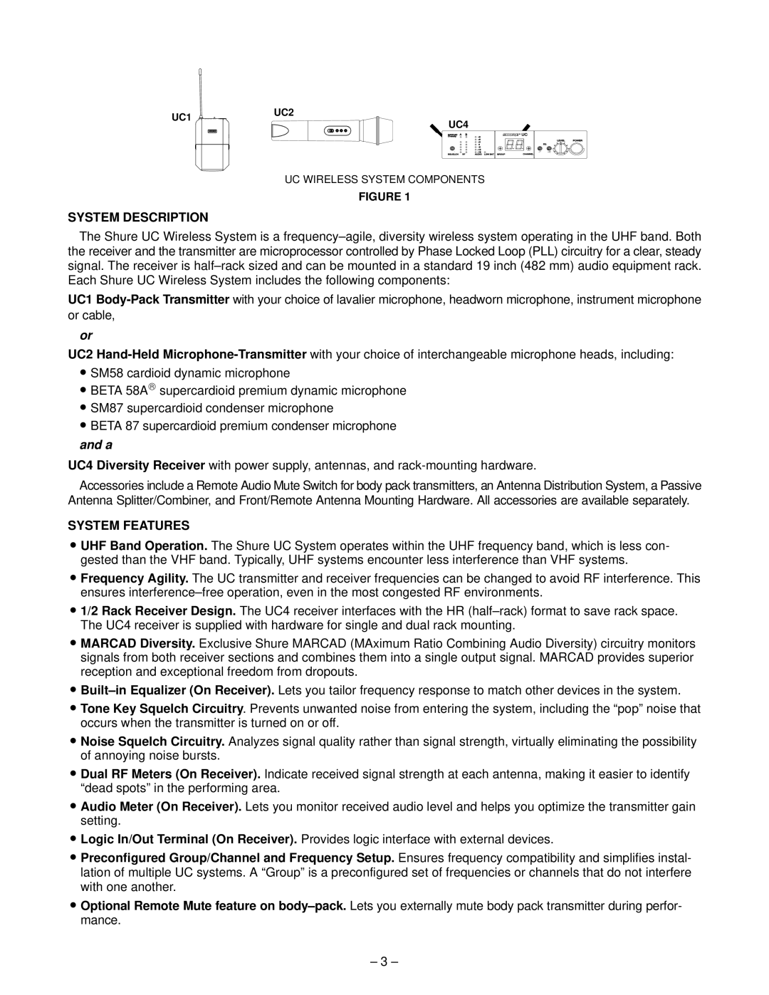 Shure UC Wireless System, 27B8614 manual System Description, System Features 