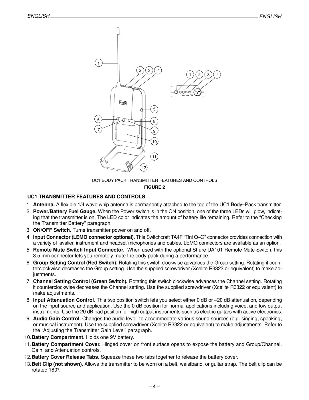 Shure 27B8614, UC Wireless System manual UC1 Transmitter Features and Controls, Battery Compartment. Holds one 9V battery 