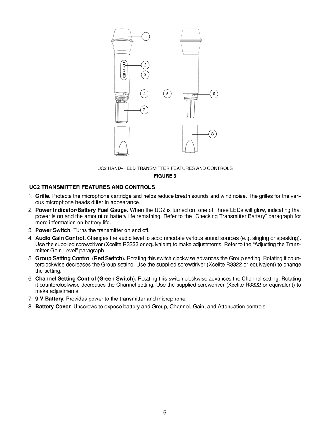 Shure UC Wireless System, 27B8614 manual UC2 Transmitter Features and Controls 