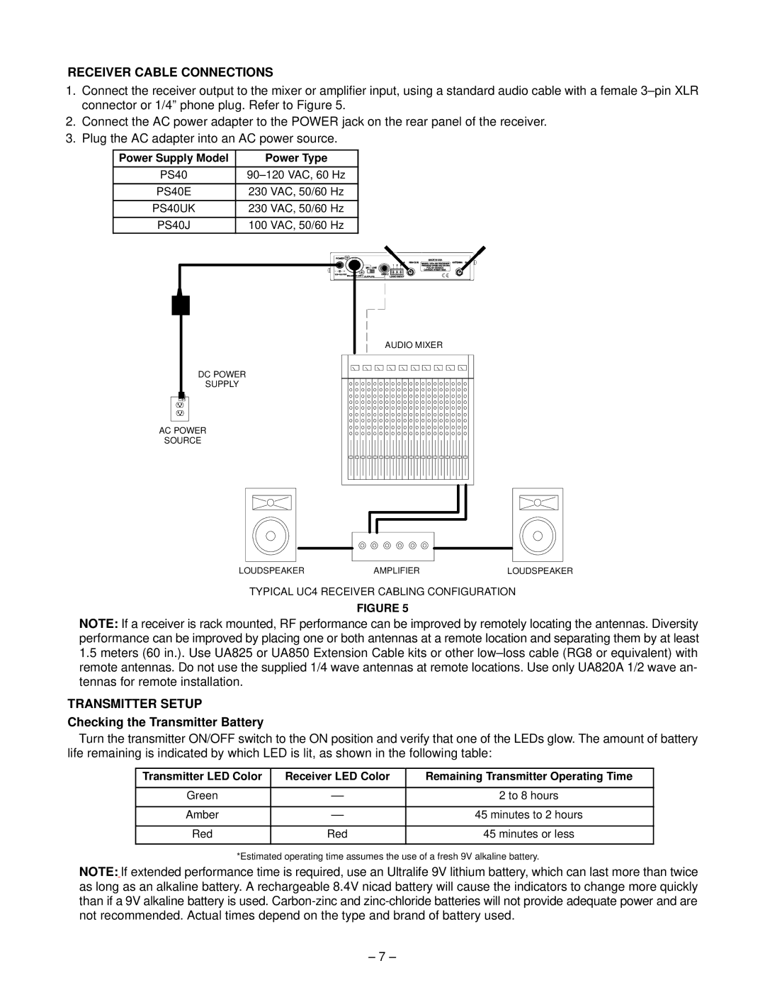 Shure UC Wireless System, 27B8614 manual Receiver Cable Connections, Transmitter Setup, Checking the Transmitter Battery 