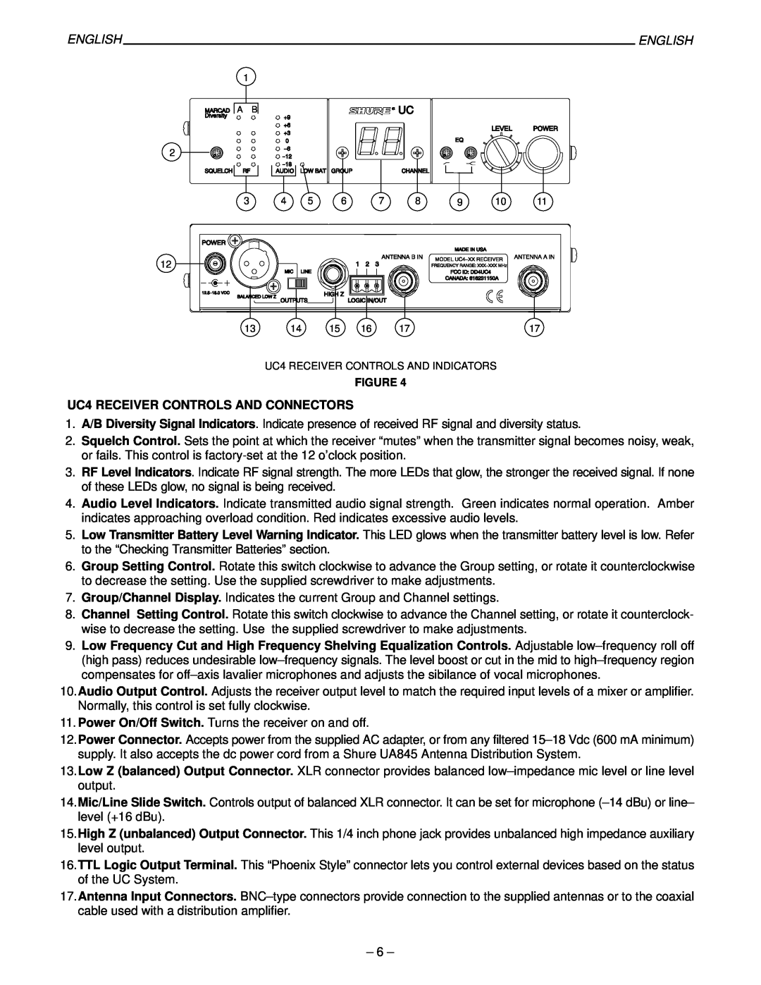 Shure 27B8614, UC Wireless System manual UC4 RECEIVER CONTROLS AND CONNECTORS, English 