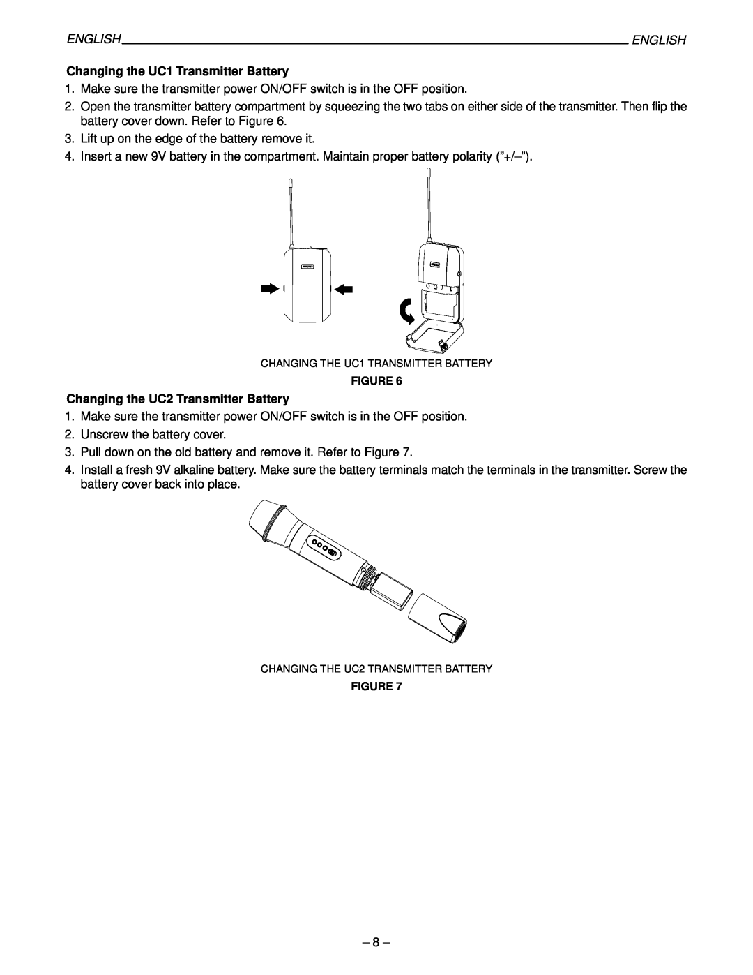 Shure 27B8614, UC Wireless System manual Changing the UC1 Transmitter Battery, Changing the UC2 Transmitter Battery, English 