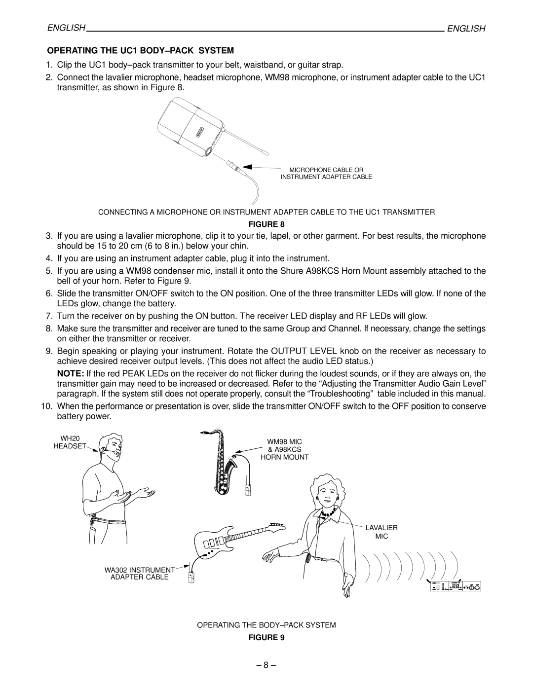 Shure manual Operating the UC1 BODY-PACK System 