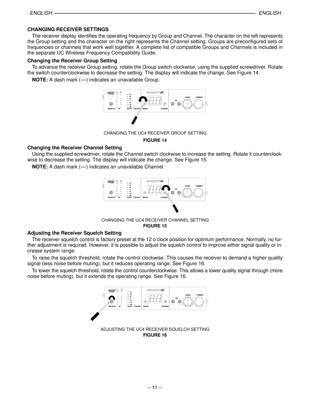 Shure UC manual Changing Receiver Settings, Changing the Receiver Group Setting, Changing the Receiver Channel Setting 