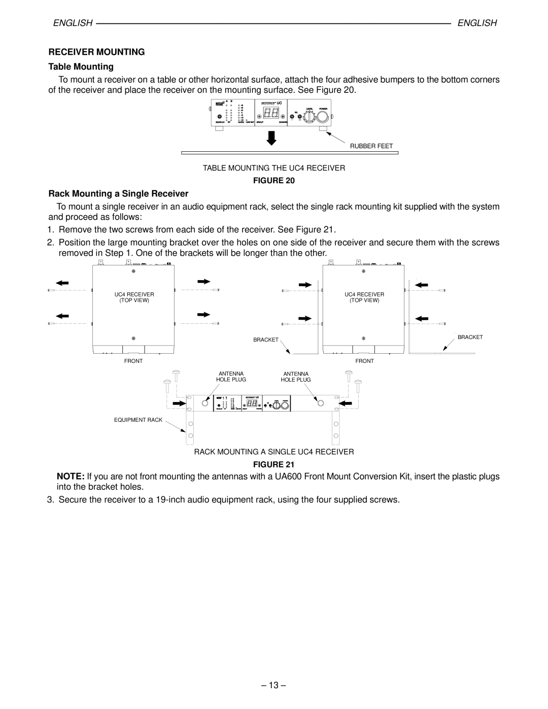 Shure UC manual Receiver Mounting, Table Mounting, Rack Mounting a Single Receiver 