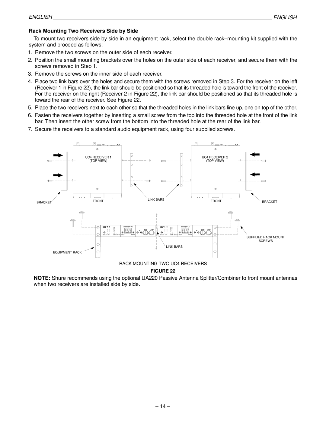 Shure UC manual Rack Mounting Two Receivers Side by Side 