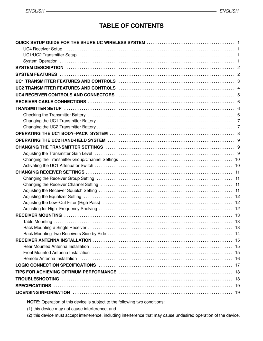 Shure UC manual Table of Contents 