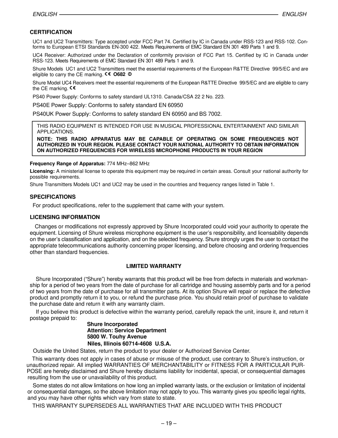 Shure UC manual Certification, Specifications, Licensing Information, Limited Warranty 