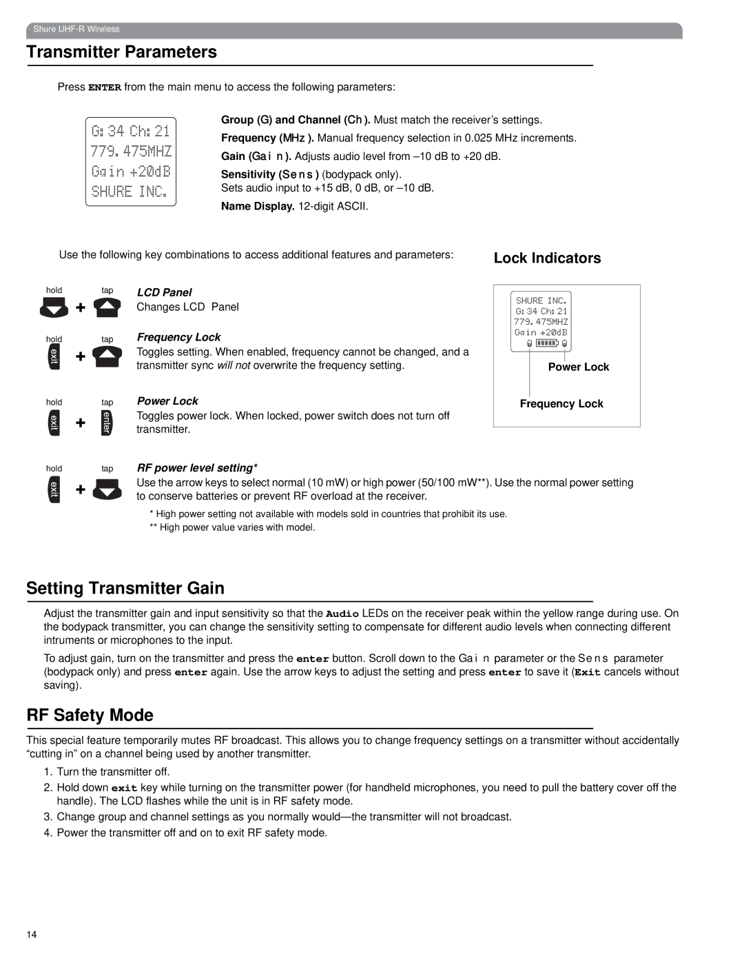 Shure UHF-R manual Transmitter Parameters, Setting Transmitter Gain, RF Safety Mode, Lock Indicators 