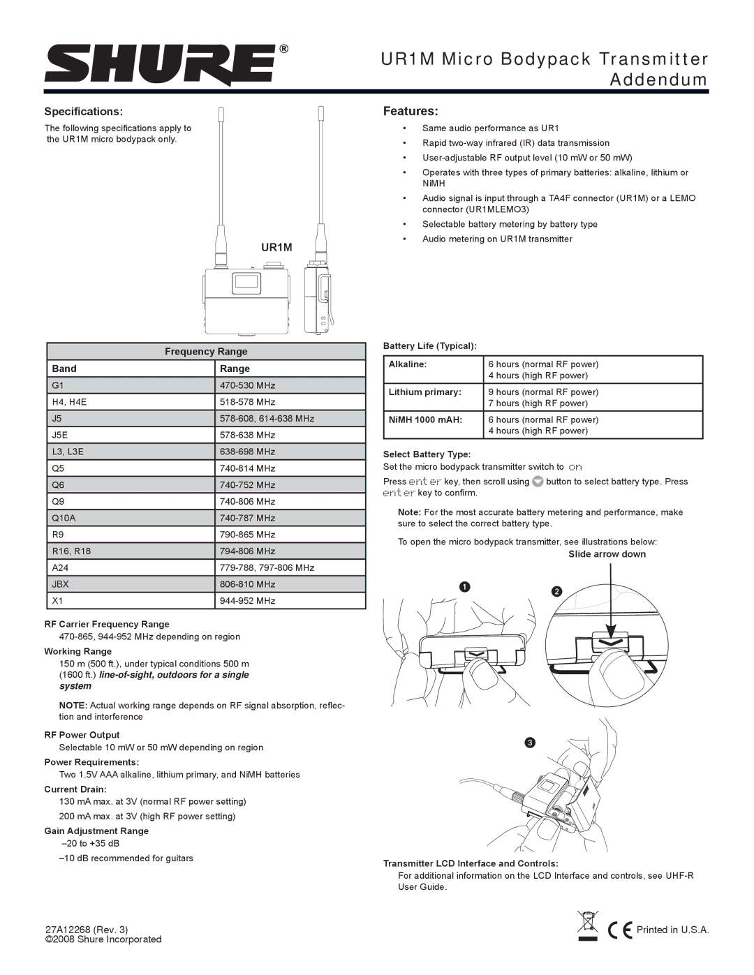 Shure UHF-R manual UR1M Micro Bodypack Transmitter Addendum, Features 