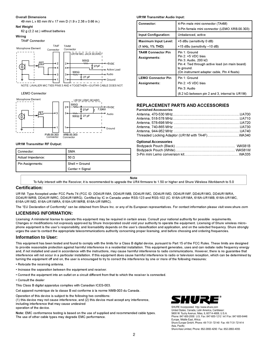 Shure UHF-R manual Certification, Information to User 