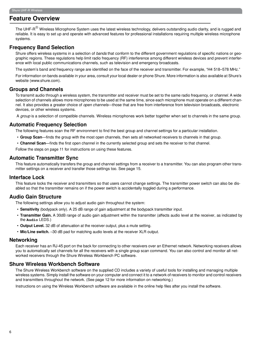 Shure UHF-R manual Feature Overview 