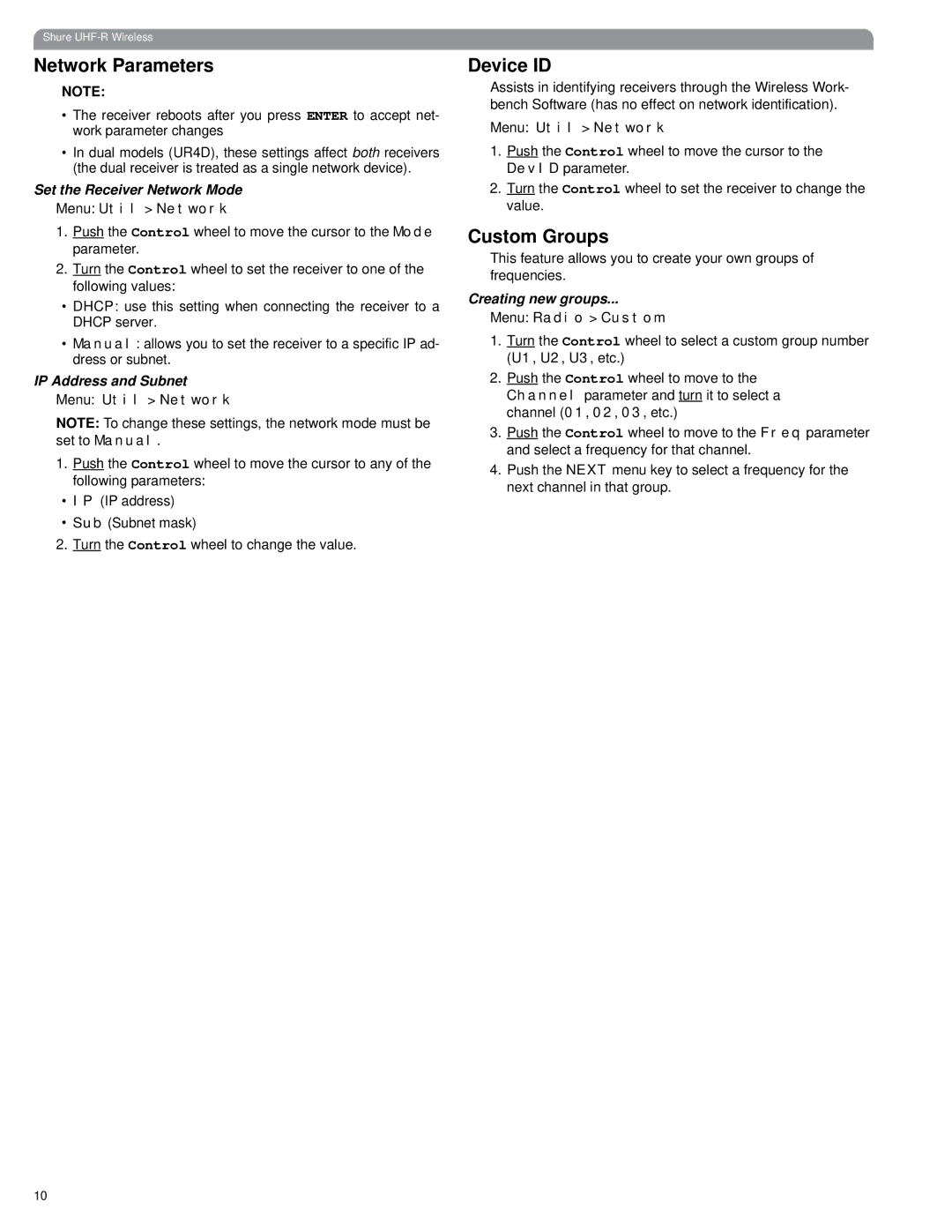 Shure UHF-R manual Network Parameters, Device ID, Custom Groups 