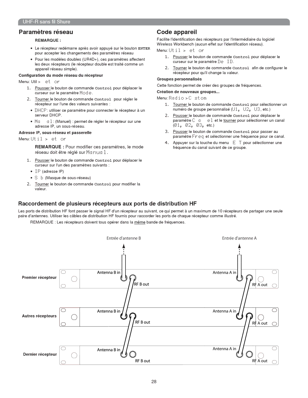 Shure UHF-R manual Paramètres réseau, Code appareil 