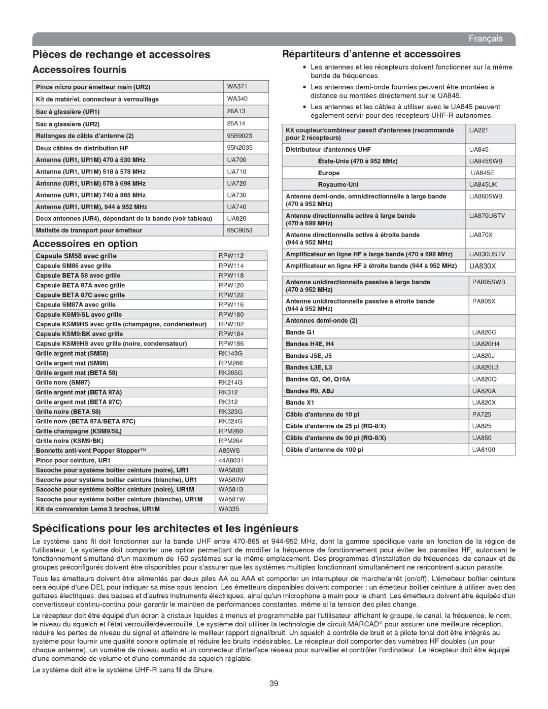 Shure UHF-R Spécifications pour les architectes et les ingénieurs, Pièces de rechange et accessoires Accessoires fournis 