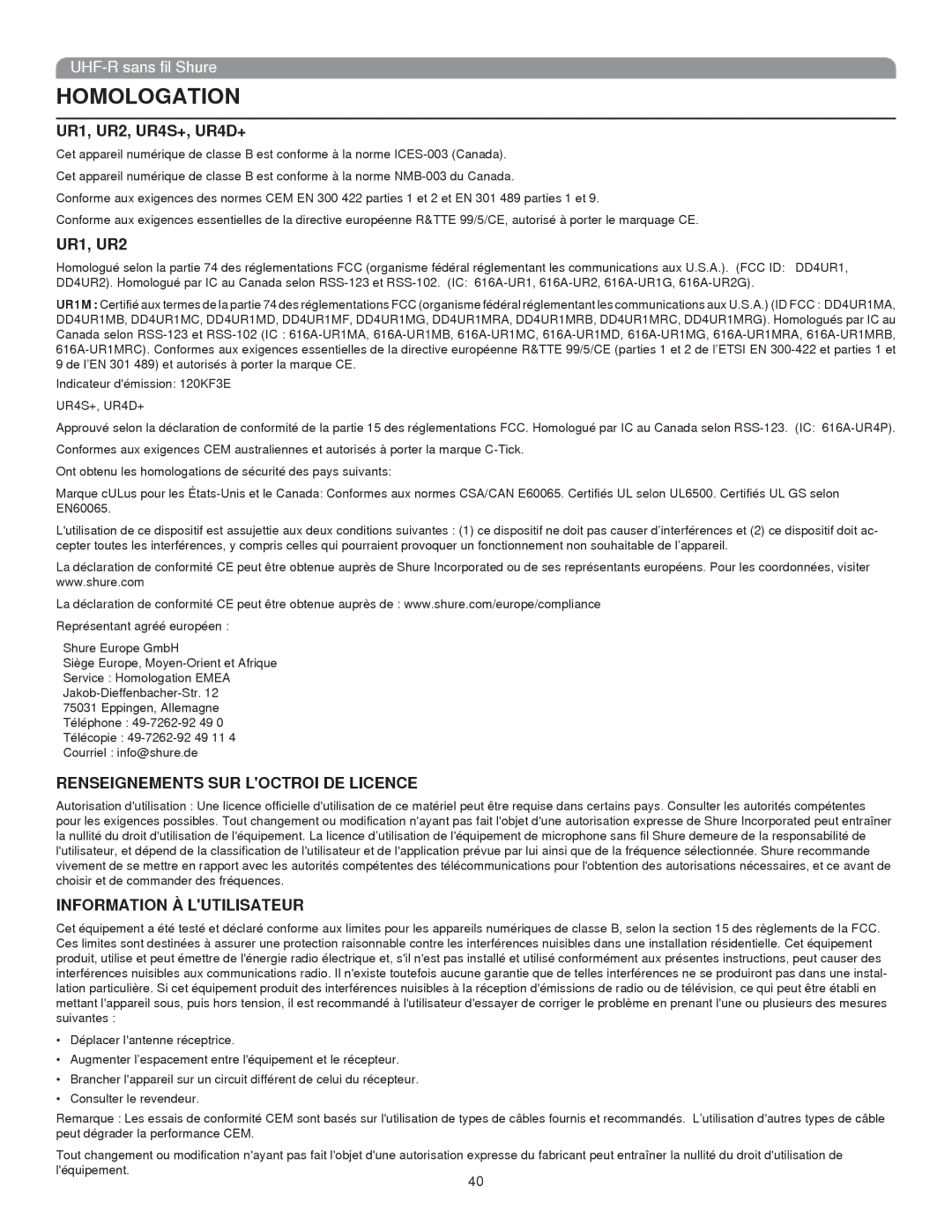 Shure UHF-R manual Homologation 