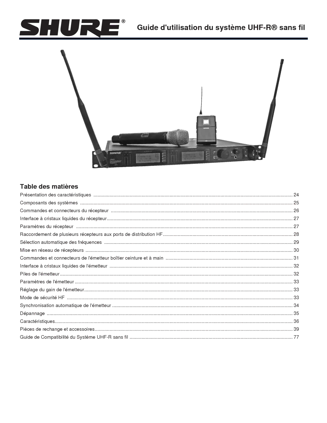 Shure manual Guide dutilisation du système UHF-R sans fil, Table des matières 