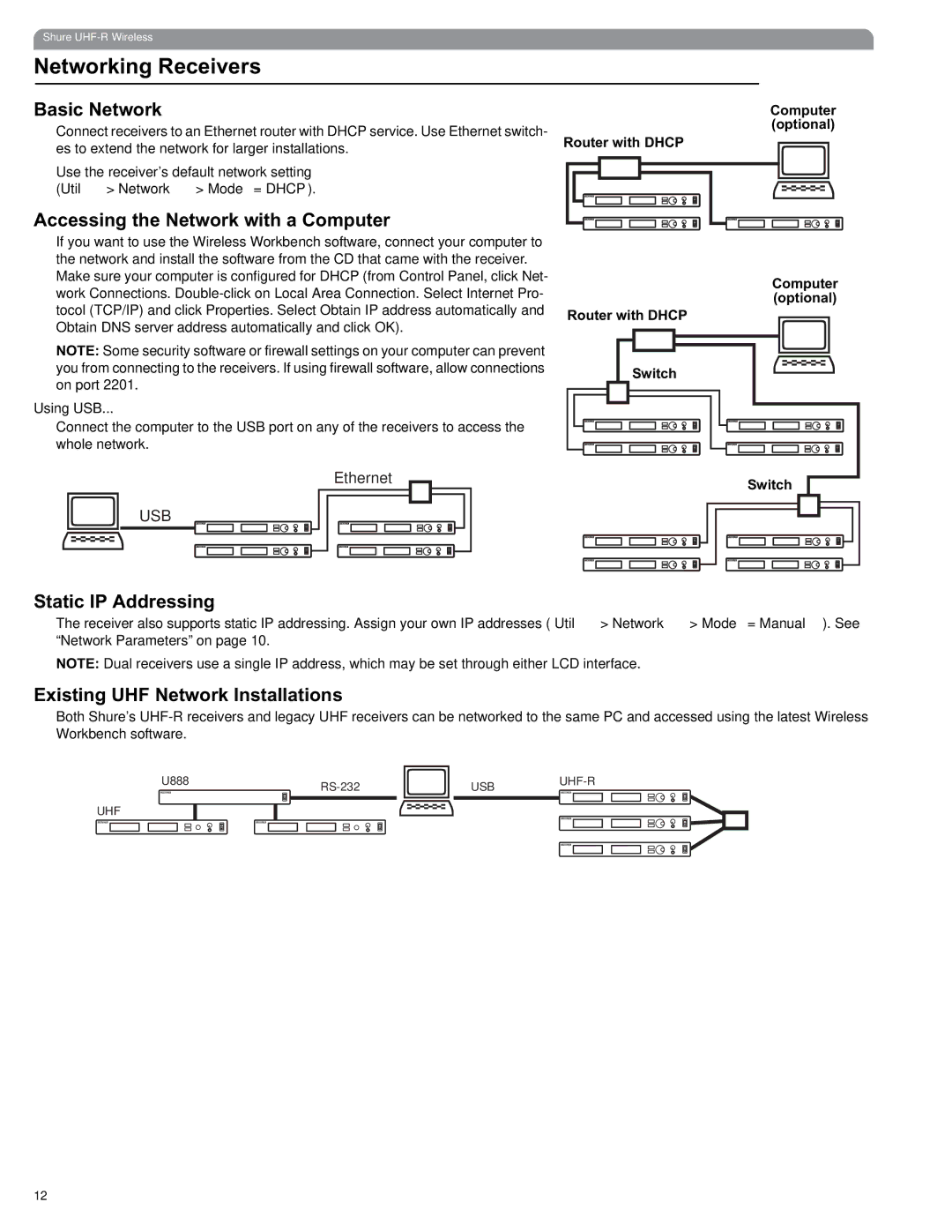 Shure UHF manual Networking Receivers, Basic Network, Accessing the Network with a Computer, Static IP Addressing 