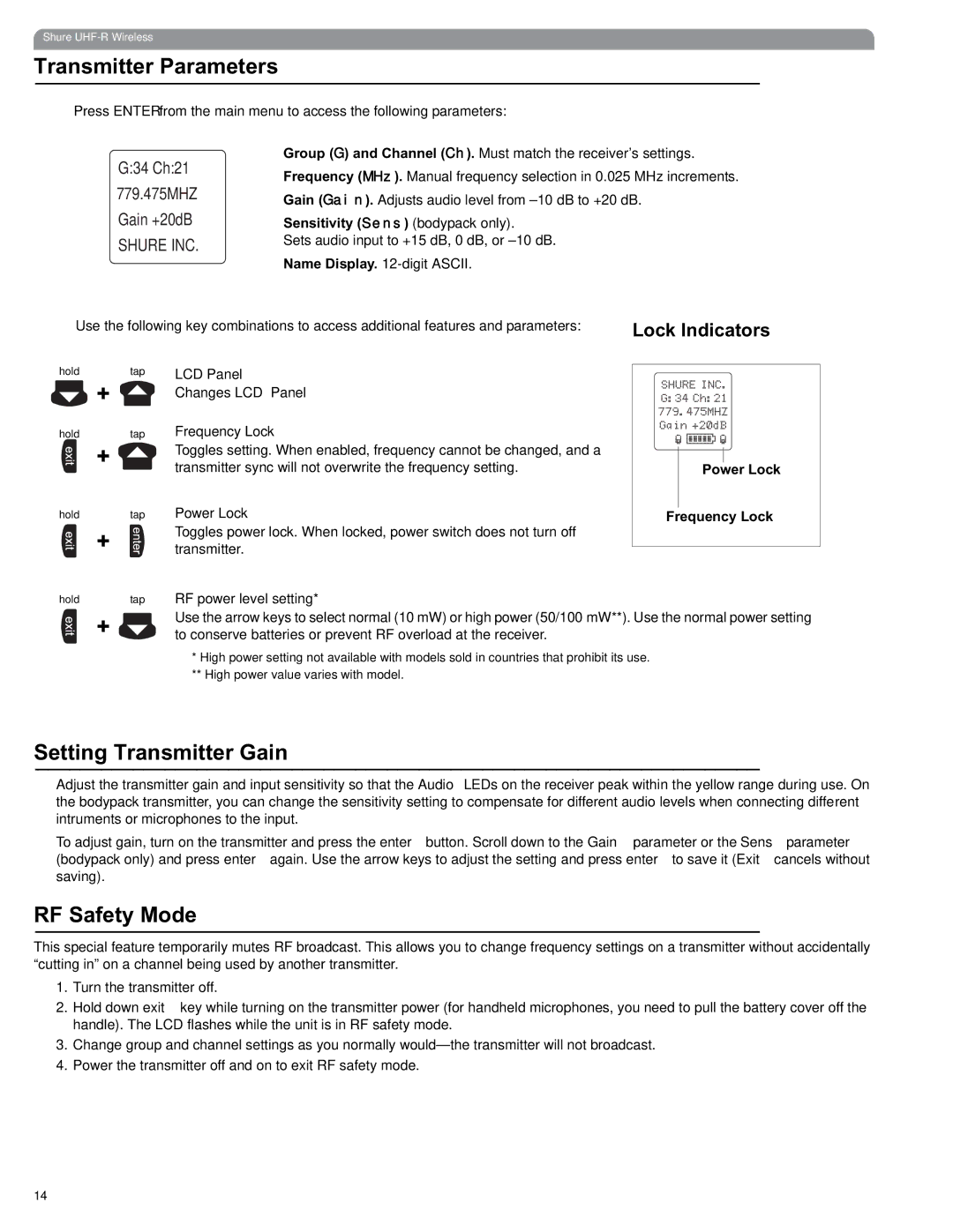 Shure UHF manual Transmitter Parameters, Setting Transmitter Gain, RF Safety Mode, Lock Indicators 