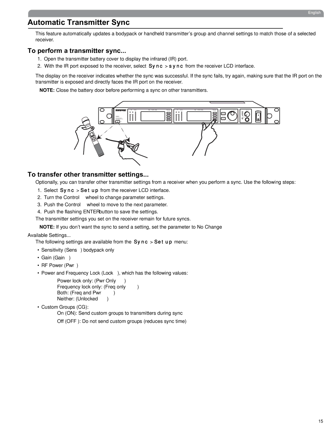 Shure UHF manual Automatic Transmitter Sync, To perform a transmitter sync, To transfer other transmitter settings 