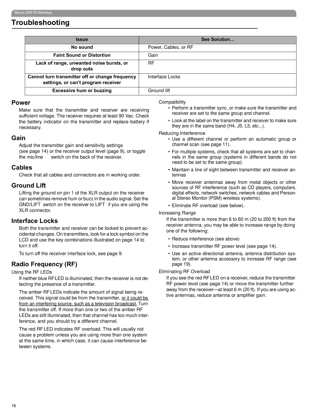 Shure UHF manual Troubleshooting 