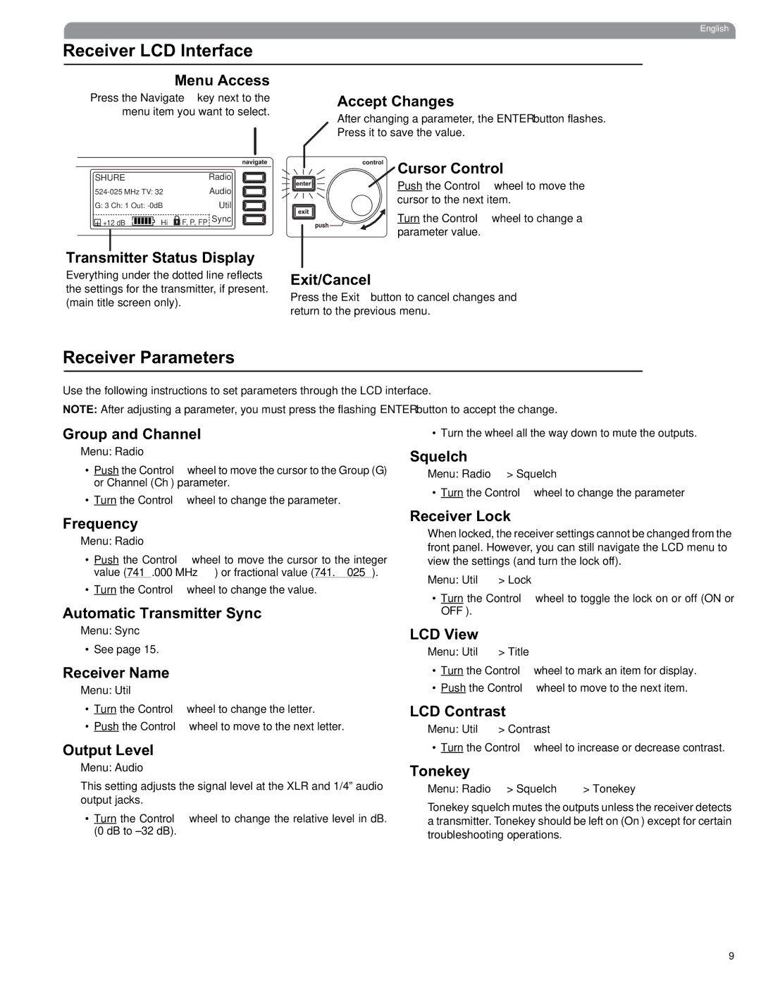 Shure UHF manual Receiver LCD Interface, Receiver Parameters 