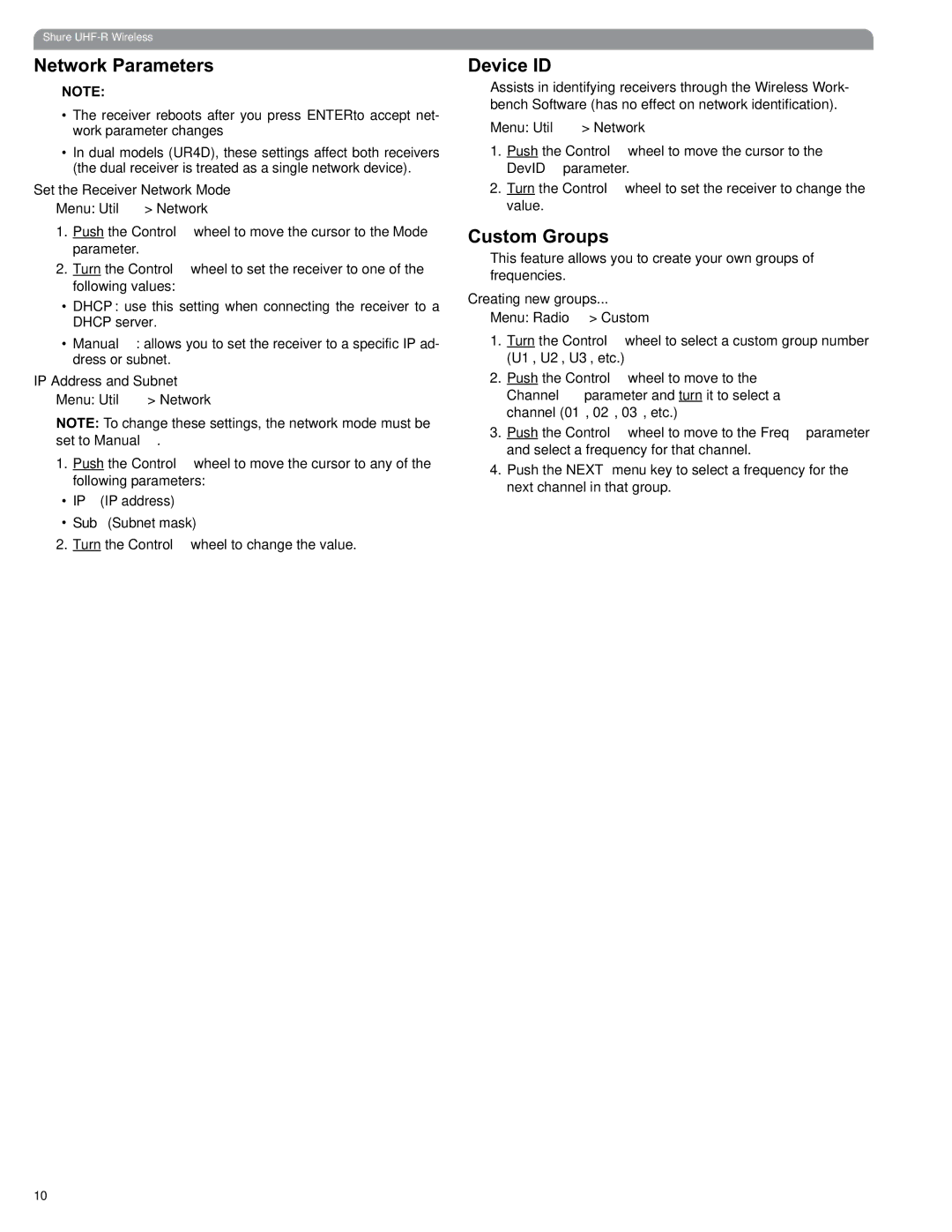 Shure UHF manual Network Parameters, Device ID, Custom Groups 