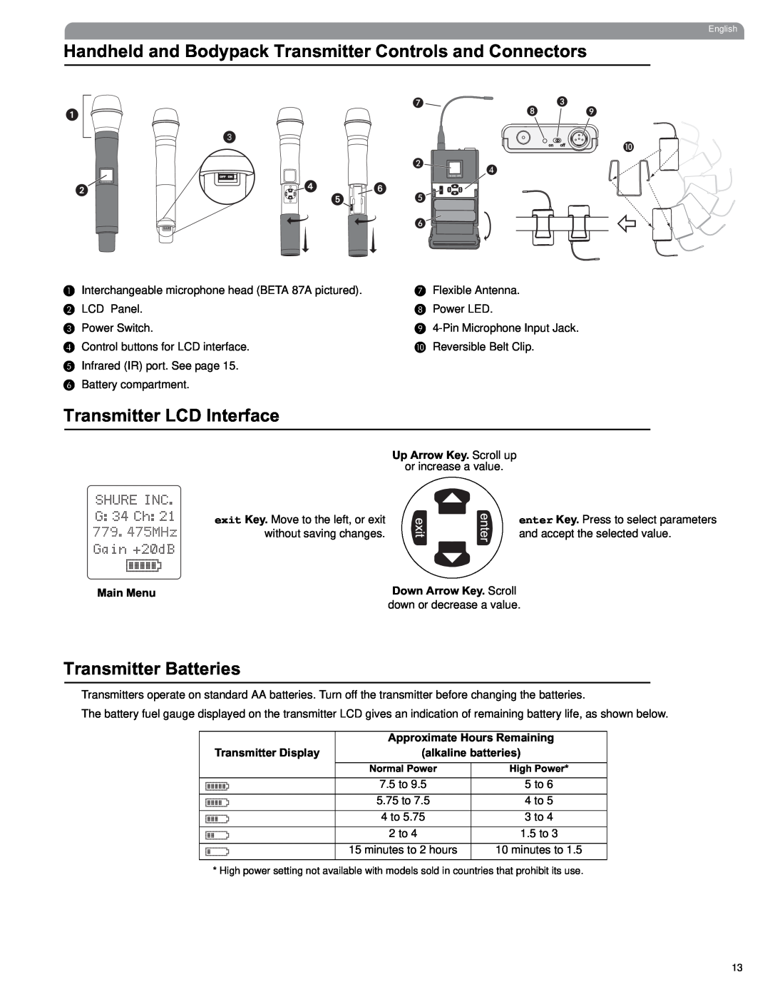 Shure UHF manual Transmitter LCD Interface, Transmitter Batteries, Up Arrow Key. Scroll up, 779.475MHz, Main Menu 