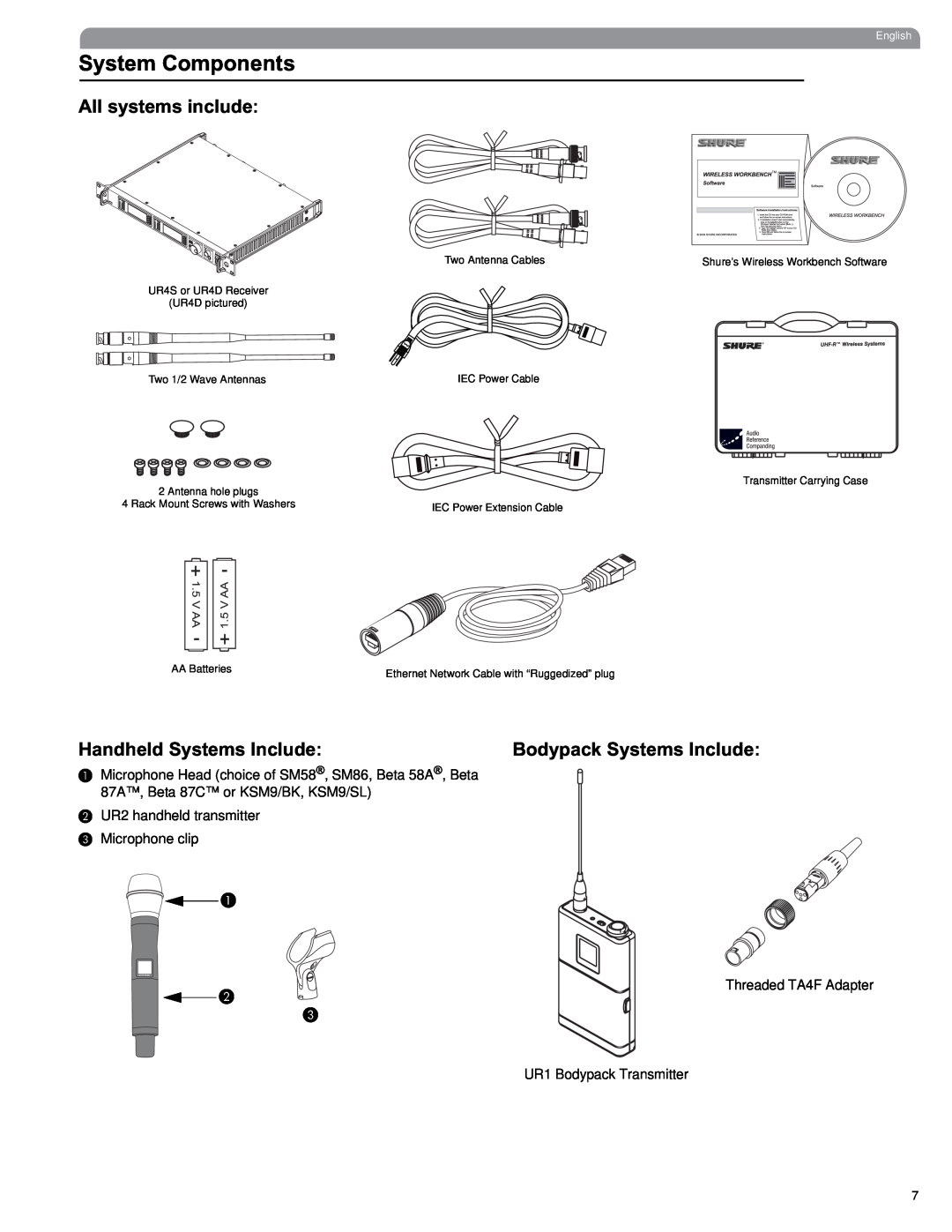Shure UHF manual System Components, All systems include, Handheld Systems Include, Bodypack Systems Include, English 